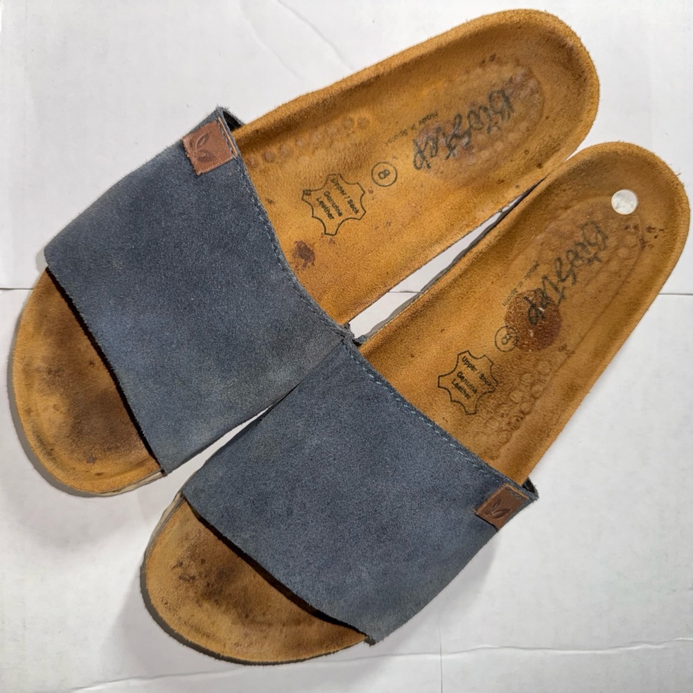 Biostep Blue Suede Leather Slide Slip On Cork Footbed Size 8 Comfort Casual